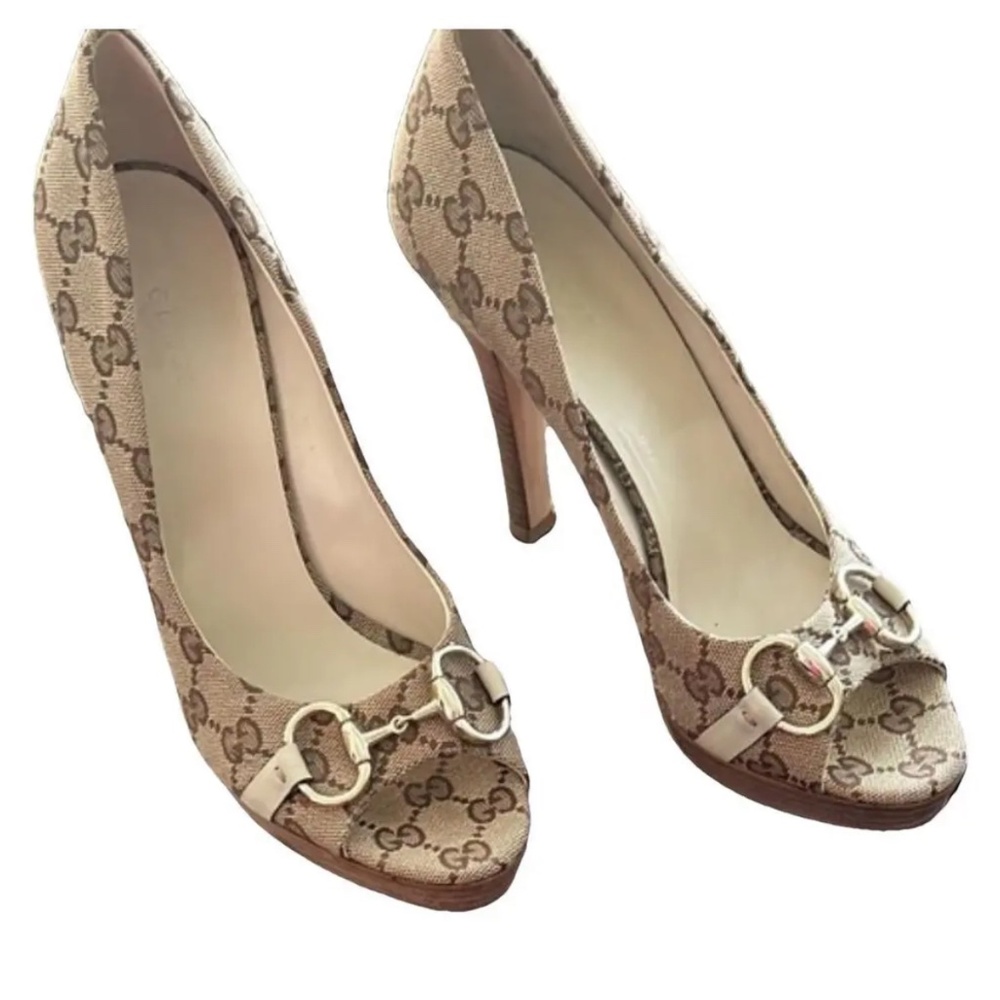 Gucci Monogram Peep Toe Pumps